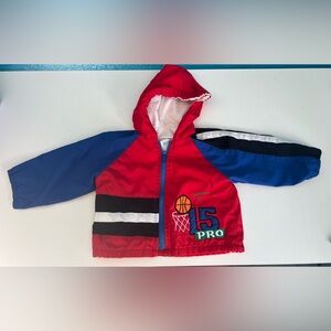 Vintage Red and Blue Hooded Toddler Jacket with Basketball Design